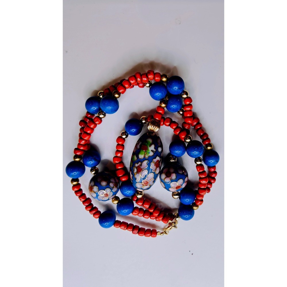 Italian 14k Gold Filled Cloisonne Millefiori Glass Bead Necklace Red Blue Floral